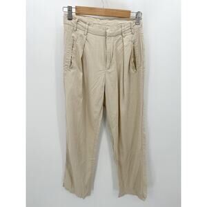 Dazy-Less Pants Women MEDIUM Khaki Tan Pleated Straight Linen Viscose Blend